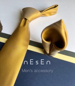 تصویر ست کراوات و دستمال جیب مردانه نسن | طلایی ساده (جودون) S10 