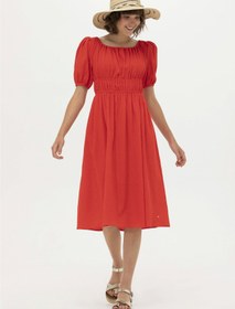 تصویر پیراهن و لباس مجلسی زنانه آستین کوتاه یقه گرد راحت قرمز یو اس پولو 
