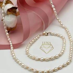 تصویر ست گردنبند دستبند مروارید و طلا 