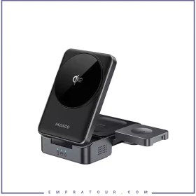 تصویر استند و شارژر وایرلس تاشو مکسکو مدل MW13 MAXCO MW13 Foldable Qi2 3-in-1 Magnetic Wireless Charging Stand