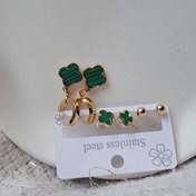 تصویر پک گوشواره طلایی گل سبز ونکیلیفی سه عددی استیل کد GO00108 