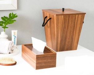 تصویر ست جای دستمال و سطل زباله چوبی 