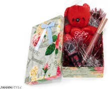 تصویر پک هدیه دخترونه- پک هدیه لوازم آرایشی- باکس خرس قرمز 