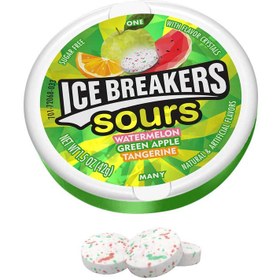 تصویر خوشبو کننده دهان بدون قند ترش آیس بریکرز با طعم هندوانه و سیب و پرتقال ice breakers ا ice breakers ice breakers