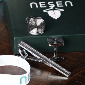 تصویر ست دکمه سردست و گیره کراوات نقره‌ای NESEN کد N6 
