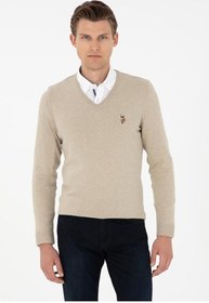 تصویر بافت و پلیور U.S. Polo Assn. اورجینال مردانه برند یو اس پلو 1066821 Men's Slim Fit V-Neck Khaki Melange Basic Sweater 50288885-VR193 