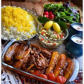 تصویر خورشت بادمجان با پلو زعفرانی بابرنج ایرانی هاشمی 