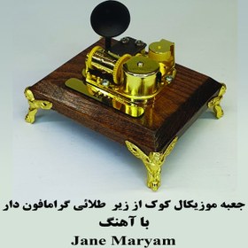 تصویر جعبه موزیکال طلائی کوکی از زیر گرامافون دار بااهنگ Jane Maryam 