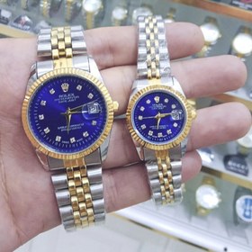 تصویر ست ساعت مچی رولکس زنانه و مردانه با تقویم روز شمار - صفحه مشکی بند سیلور / س wrist watch