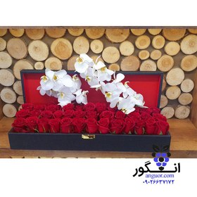 تصویر باکس گل رز سرخ با ارکیده سفید Romantic 