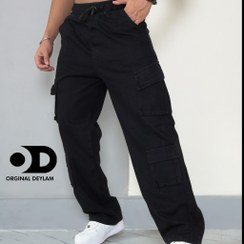تصویر شلوار کارگو 8 جیب مشکی مردانه پارچه کتان کجراه 