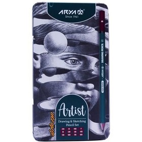 تصویر ست مداد طراحی آریا جعبه فلزی Arya Artist Drawing & Sketching Pencil Set - 3075