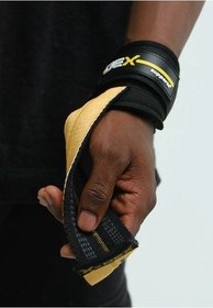 تصویر دستکش وزنه برداری قهوه‌ای بند تسمه های بالابر T Greps+زانو ورزشی بسته بندی زانو Bandaji 2 Dex Supports 