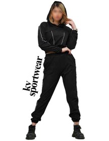 تصویر ست کراپ شلوار کلاهدار ورزشی زنانه Womens hooded sports pants crop set