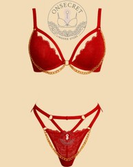 تصویر ست لباس زیر زنانه فانتزی زنجیری سه تکه کد ۱۰۷۱ مشکی و قرمز 