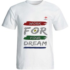 تصویر تیشرت سفید مردانه با طرح تایپوگرافیکی جذاب "work for your dream"| ارسال رایگان| کانگورومارکت tee shirt for men