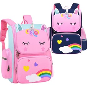 تصویر کوله پشتی چرخ دار دخترانه یونیکورن طرح رنگین کمانی کد BP-02 Unicorn wheeled backpack for girls, rainbow design code BP-02