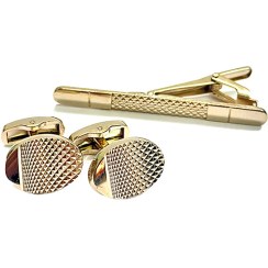 تصویر ست دکمه و گیره کراوات طلایی - مدل شبکه‌ای بیضی 