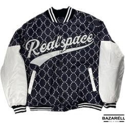 تصویر کاپشن بامبر مشکی Realspace با آستین سفید و طرح خاص ورزشی Realspace Black & White Varsity Bomber Jacket – Unisex Streetwear 