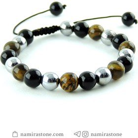 تصویر دستبند سنگ چشم ببر ، حدید و اونیکس tiger eye ، onyx ، Hematite 