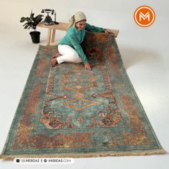 تصویر فرش ماشینی 1200 شانه زمینه سبز آبی با تراکم 3600 