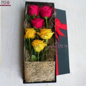 تصویر باکس گل جعبه کادویی با گل رز هلندی قرمز و زرد 