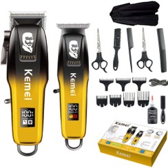 تصویر ست دو عددی خط زن و ماشین اصلاح سر کیمی مدل KM-8501 با صفحه دیجیتالی KEMEI KM-8501 Set Rechargeable Electric Hair Clipper USB Hair Trimmer Professional Barber Cutting Razor LCD Display Gradient Adjustable