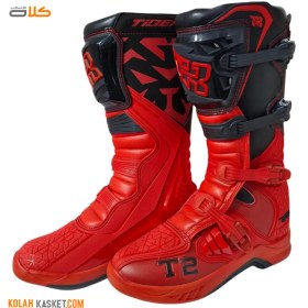 تصویر بوت موتور سواری کراسی تایگر مدل T2 رنگ قرمز مشکی Cross Tiger Motorcycle Boots Model T2, Red Black