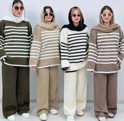 تصویر ست بلوز شلوار بافت خط دار 