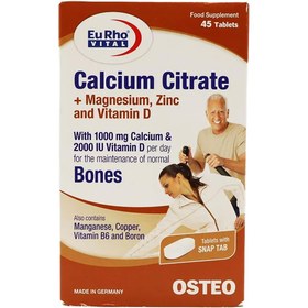 تصویر قرص کلسیم سیترات همراه با منیزیم زینک و ویتامین دی 45 عددی یورو ویتال Calcium-Citrate