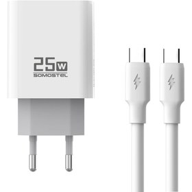 تصویر شارژر دیواری 25 وات سوموس تل مدل A54 FAST CHARGE Q30 به همراه کابل تبدیل USB-C 