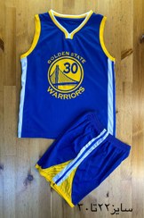 تصویر لباس بسکتبال پسرانه گلدن استیت واریرز رنگ آبی زرد کیفیت +A تایلندی Golden State Warriors basketball uniform, blue, yellow, Thai quality +A