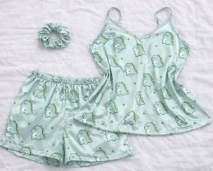 تصویر ست تاپ و شورتک ساتن طرح دایناسور 