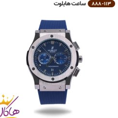 تصویر ساعت مردانه هابلوت کرنوگراف آبی قاب نقره‌ای بند رابر هابلوت ( Hublot )