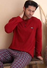 تصویر ست لباس خواب مردانه آستین بلند دکمه دار طرح چهارخانه بورگوندی 