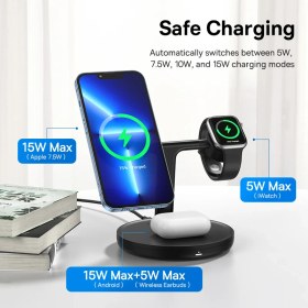 تصویر پد وایرلس سه کاره بیسوس مگ سیف دار مدل Baseus QC3CN001 Baseus Swan 3 in 1 Wireless Magnetic Charging Bracket