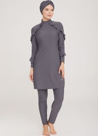تصویر مایو حجابی بورکینی آستین استاندارد تک رنگ زنانه Remsa Mayo A4104-ANTRASİT 