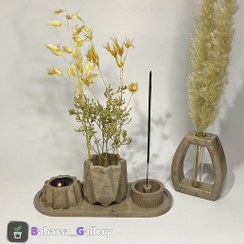تصویر ست تزئینی طرح رگه دار قهوه ای (گلدان، جاشمعی، سینی، گل جای) بهارسا 