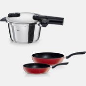 تصویر زودپز استیل ۴،۵ لیتری + ۲ عدد تابه قرمز فیسلر آلمان Fissler vitaquick glossy Fissler duduklu tencere