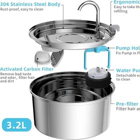 تصویر آبخوری خودکار سگ و گربه جنس استیل برند tomxcute ـ sus 304 - 3.2L 108 OZ stainless steel pet water fountain