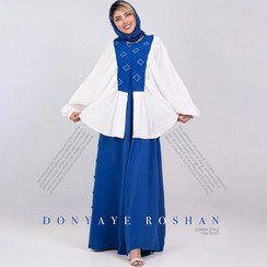 تصویر ست تونیک و سرهمی زنانه گره استایل مدل دنیز رنگ آبی کاربنی و سفید 