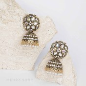 تصویر گوشواره هندی آویز گنبدی طرح گل با نگین کریستال 