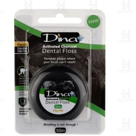 تصویر نخ دندان خیلی نازک ذغالی دینا پلاس 50 متر Dina Plus Active Charcoal Dental Floss 50m