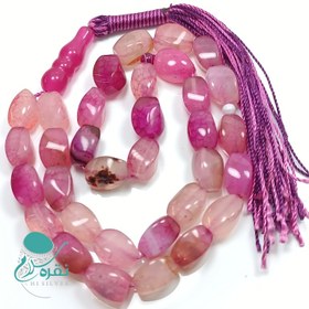 تصویر تسبیح 33دانه عقیق طبیعی طرح پیچ صورتی 