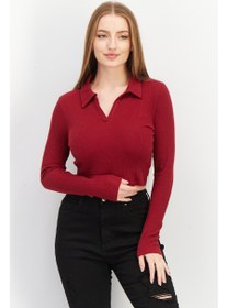 تصویر بلوز با یقه پخش و آستین بلند با بافت، رنگ مارون برای زنان برند don't call me jennyfer Women Spread Collar Long Sleeve Textured Top, Maroon