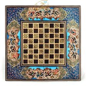 تصویر تخته نرد و شطرنج خاتم کاری با نقاشی چوگان و حاشیه تذهیب 
