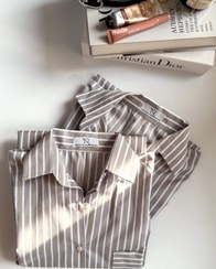 تصویر شومیز راه راه درشت طوسی طرح لامِر La’mer over shirt | warm grey