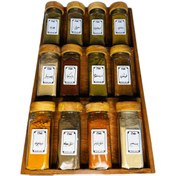 تصویر جا ادویه ی ۱۲ تایی درب چوبی با استند کشویی (با ادویه ی مرغوب اهواز)(ارسال رایگان) 