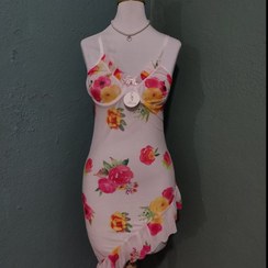 تصویر لباس خواب حریر فنردار گلدار 9028 