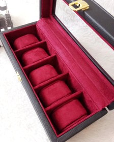 تصویر جعبه ساعت مچی پنج خانه چرم | باکس نگهداری ساعت با داخل مخمل و درب شیشه‌ای - رنگ داخل،قرمز 